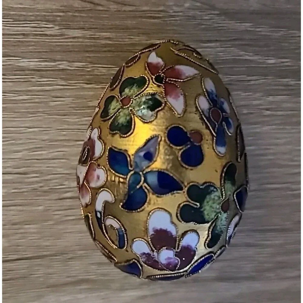 Vtg*Cloisonne Egg* Enameled Multicolored Jewel Tone Flowers Leaves - Picture 4 of 8